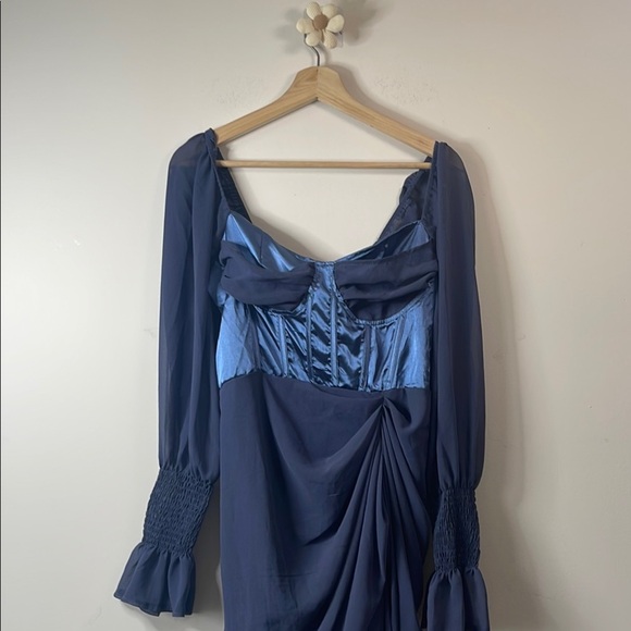 PrettyLittleThing Blue Asymmetrical Ruched Wrap Gown - Picture 3 of 12